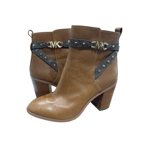 Michael Kors Shoes - Michael Kors Brown Leather Ankle Boots MK Logo Heel Size 9